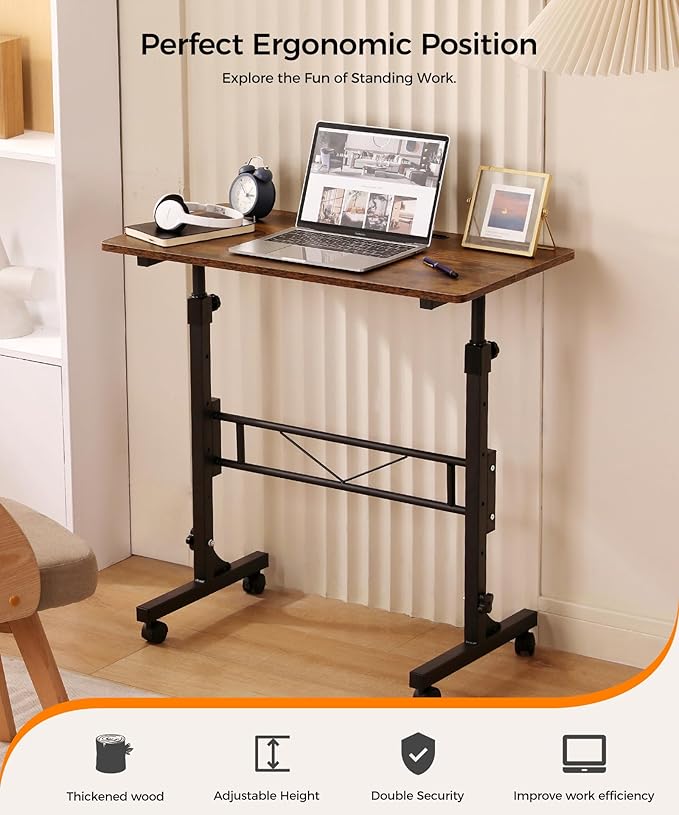 Standing Desk Adjustable Height, Mobile Stand Up Desks with Wheels Small Computer Desks Rolling Desk, Portable Laptop Desks Rustic Standing Table Sit Stand Home Office Desks 16"x31.5" Height 27"-43.5"