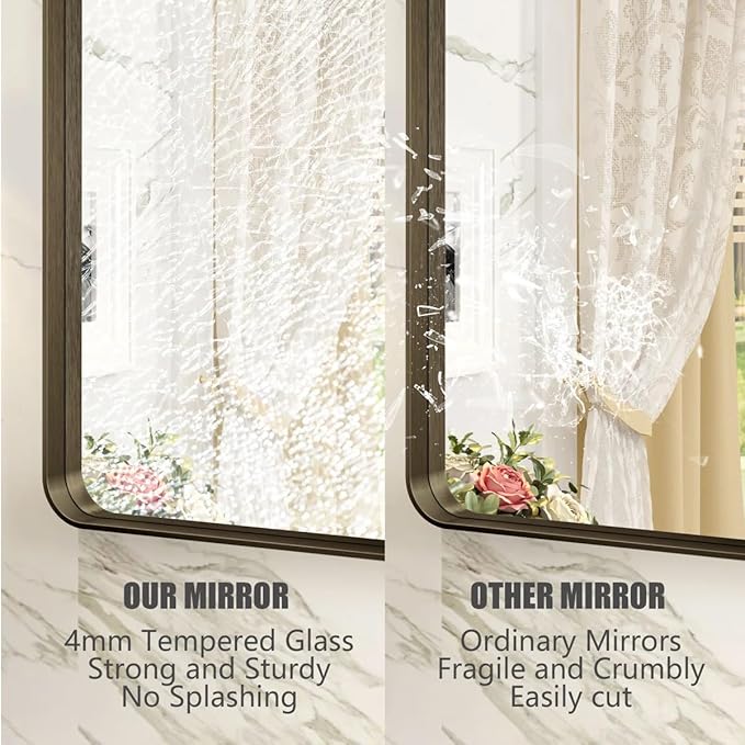 40x30 Bronze Brushed Bathroom Mirror for Wall, Brushed Metal Framed Bathroom Vanity Mirror, Modern Rectangle Mirror, Rounded Corner, Shatterproof, Anti-Rust (Horizontal/Vertical)