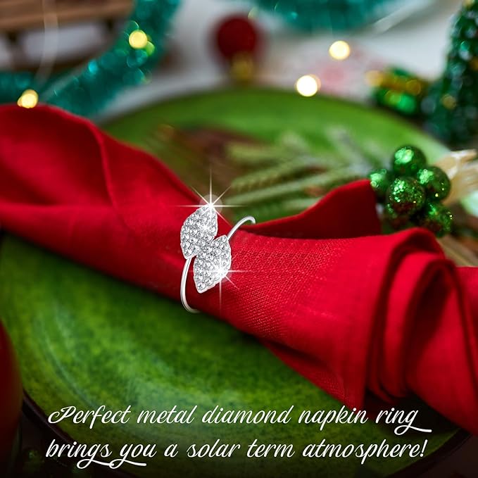Hotop 150 Pcs Silver Holiday Napkin Rings Set Silver Bling Winter Napkin Rings Bulk Metal Leaves Holders Rhinestone Buckle for Wedding Christmas Dinner Gather Party Prom Table Decoration