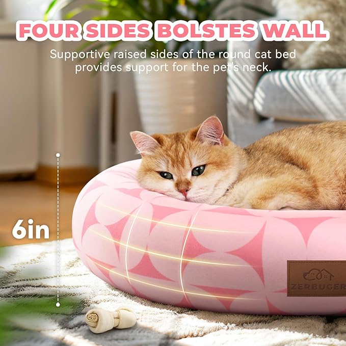 Cat Bed, 20In Dog Beds for Small Dogs, Calming Cat & Dog Beds for Indoor Pets, Pet Beds Comfortable Donut Round Ultra Soft (Pink Pattern, 20.0" L x 20.0" W x 6.5" Th)