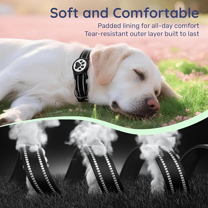 Airtag Dog Collar, Reflective Ultra-Durable Nylon Padded with QR Code Buckle & IP68 Waterproof Air Tag Holder Compatible for Apple AirTag, Comfortable for Small Medium Large Dogs(Black,L)