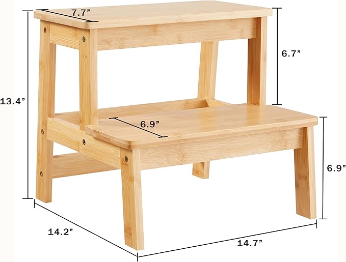 Bamboo Step Stools for Adults Kids, 2 Step Stool for Kichen/Bathroom/Bedside Step Stool - Holds up to 350Lb (Natural)