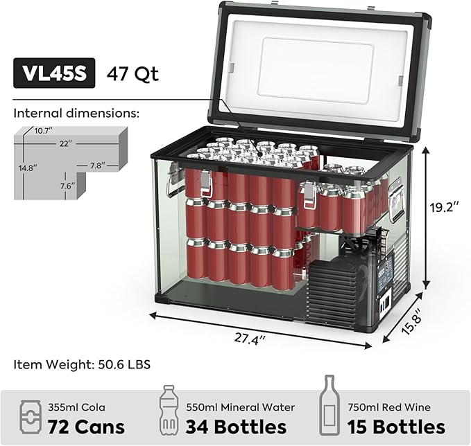 ICECO VL45 Portable Refrigerator with SECOP Compressor, 45 Liters Platinum Compact Refrigerator, DC 12/24V, AC 110-240V, 0℉ to 50℉, Home & Car Use (with Insulated Cover)