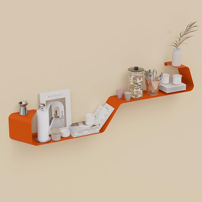 Floating Wall Shelves Set of 3, Metal Mounted Shelf with Unique Design, Bookshelf for Storage & Display in Bathroom, Bedroom, Kitchen, Living Room, Orange Home Decor