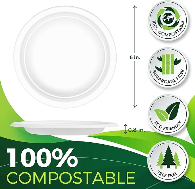 150PCS 100% Small Dessert Plates Disposable, 6 inch Paper Plates, Compostable Appetize Plates, Cake Plates, Biodegradable Made of Sugarcane Fiber