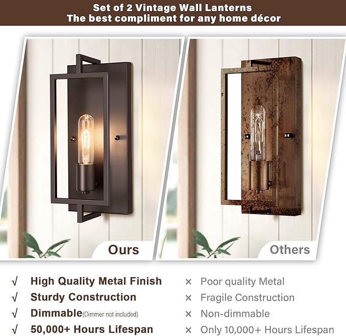 Industrial Wall Sconces Set of 2, Vintage Brown Wall Light Fixture E26 Base, Metal Rustic Wall Mount Lamp, Modern Indoor Lighting Hardwired