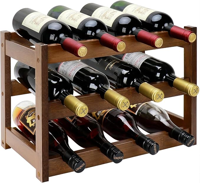 Bamboo Wine Rack, 3-Tier 12 Bottles Wine Storage Cabinet Shelf, Easy-Assembly Freestanding Bamboo Wine Racks Countertop for Kitchen Pantry Dining Room Bar, Walnut