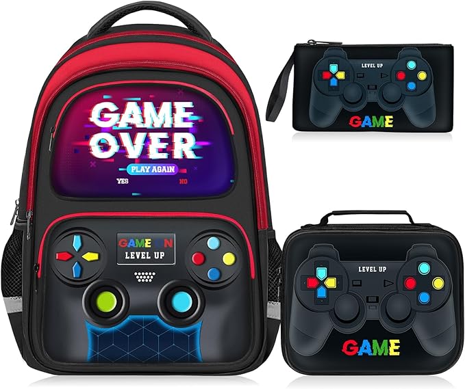 School Backpack for Boys - 3pcs Gamer Boys Backpack with Lunch Box Set for Kids Teens Elementary Middle School - 17″ Video Game Bookbag Travel Back Pack for Age 6-18