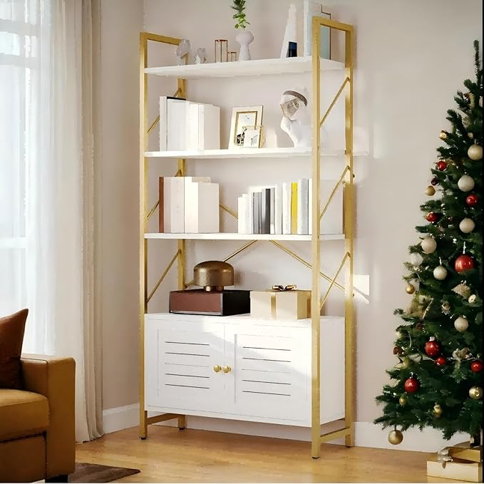 YITAHOME Bookshelf and Bookcase with Storage Cabinet, Standing 5 Tiers Book Shelves Display Rack with Doors for Bedroom Living Room Office,White&Gold