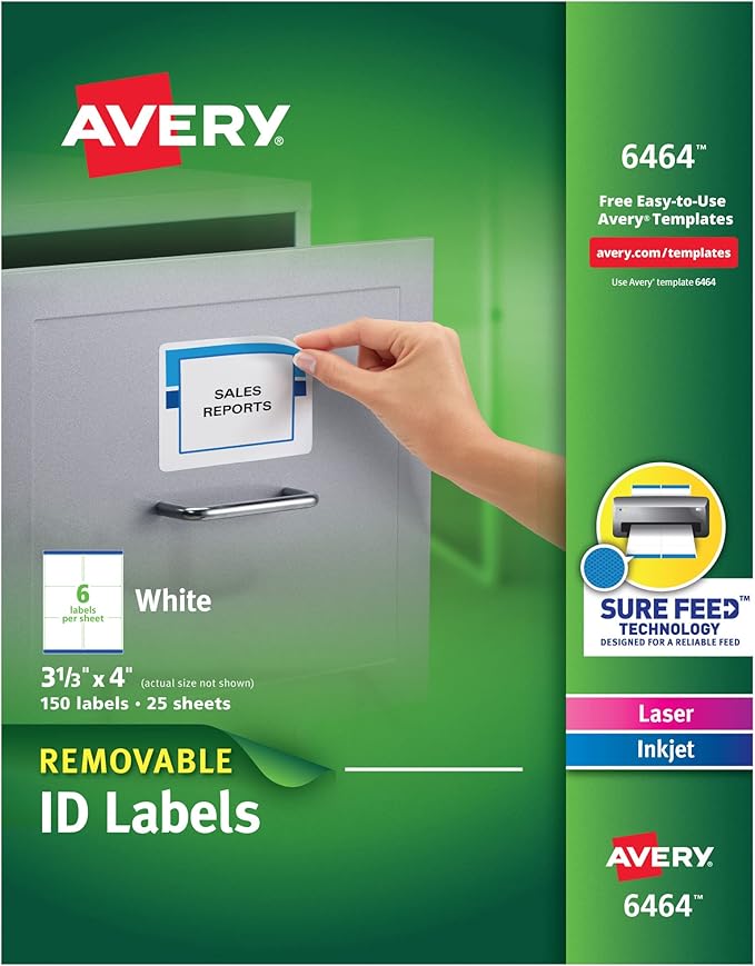 Avery Removable ID Labels, Sure Feed Technology, Removable Adhesive, 3-1/3" x 4", 150 Labels (6464)