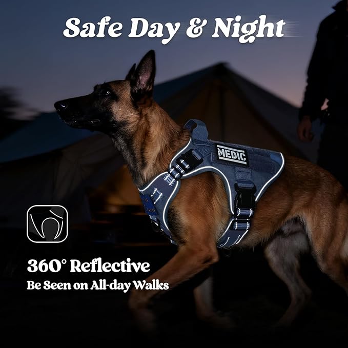rabbitgoo Tactical Dog Harness for Extra Large Dogs, No Pull Upgraded Reflective Heavy Duty Molle Vest with Handle, Adjustable Military Service Dog Vest for Walking Hiking Training, Blue, XL