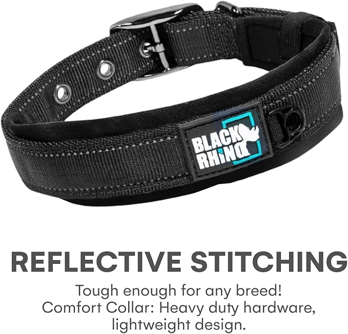 Black Rhino Dog Collar for Medium Dogs - 14-18 Inches Adjustable Reflective Dog Collar with Metal Buckle and Ultra-Soft Neoprene Padding - Heavy Duty Waterproof Collar for Active Pets - Black