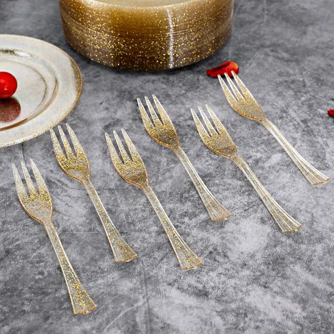 WELLIFE 120 Guests Gold Glitter Plastic Plates and Dessert Forks, 6.5 inch Disposable Dessert Plates, Durable Plastic Small Forks, Perfect for Catering, Parties &Weddings, regular