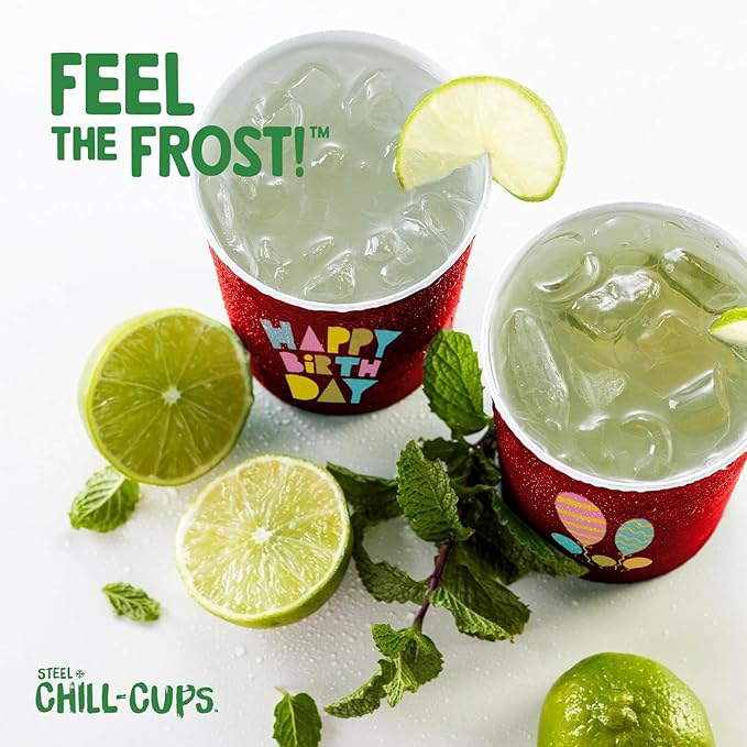 16 oz. Party Cups 'Happy Birthday' Balloon Design for Cold Drinks, Durable, Disposable, Recyclable, Made in USA, Red, 12 Count