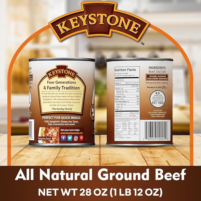 Keystone Meats All Natural Heat and Serve Ground Beef 28 oz – Fully Cooked Canned Meat – Ready to Eat – 5-Year Shelf Life – Pantry Staple for Everyday Meals, Emergency Survival Canned Food – Made in USA – Pack of 6