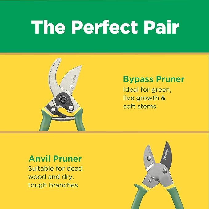 Miracle-Gro 2-Piece Pruning Shears Set – Includes 8 in. Bypass Pruner for Live Plants and 8 in. Anvil Pruner for Dry Stems – Sharp Carbon Steel Blades and Comfort Grip Handles for Garden and Yard Use