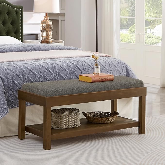 24KF Large Rectangular Storage Bench,Upholstered Seat Cushion,Ottoman Coffee Table with Removable Granite Cushion for Living Room,Entryway Bench Bed Bench with Solid Wood Shelf,5069-Granite