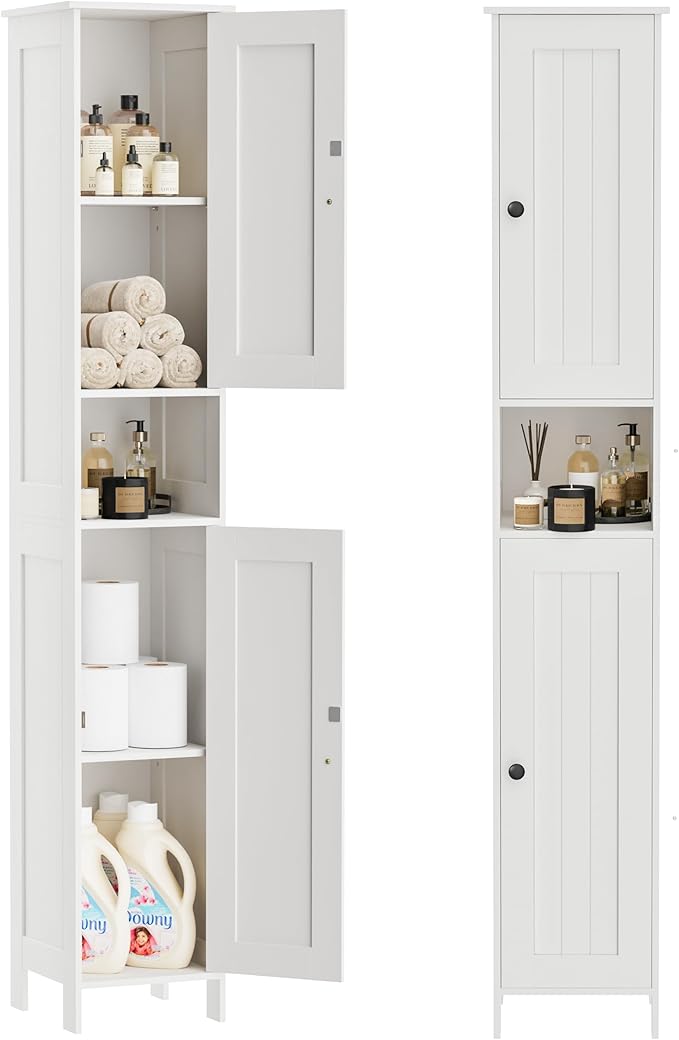 Tall Bathroom Storage Cabinet with 2 Doors, 67"H Narrow Storage Cabinet with Adjustable Shelves& Anti-Tip Design, Reversible Door Installation, Easy Assembly, 11.8 x 11.8 x 66.9 Inches, White