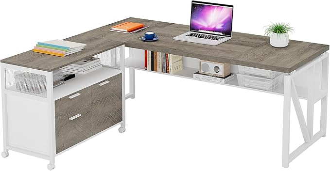 Tribesigns L Shaped Desk with Drawer Cabinet, 63" Executive Computer Desk and lateral File Cabinet, 2 Piece Home Office Furniture with Drawers for Hanging File, Doors with Locks (Dark Oak, 63-inches)