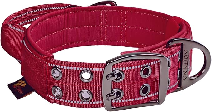 ADITYNA Heavy Duty Dog Collar for Large Dogs - Reflective Burgundy Collar with Handle for Training, and Walking - Wide, Thick, Tactical, Soft Neoprene Padded