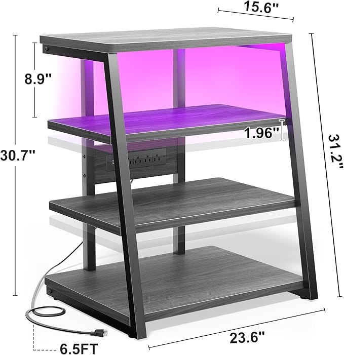 AV Media Stand with Outlets, Media Console with LED Lights, Stereo Racks and Stands with Storage Shelves, Media Audio Tower Stand, Light Grey Walnut