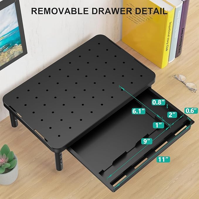 WALI Computer Monitor Stand with Storage, Desk Monitor Riser 3 Height Adjustable, Laptop Riser with Airflow Vents, Desk Organizer for Computer, Laptop, Printer (PTT002-B), 1 Pack, Black
