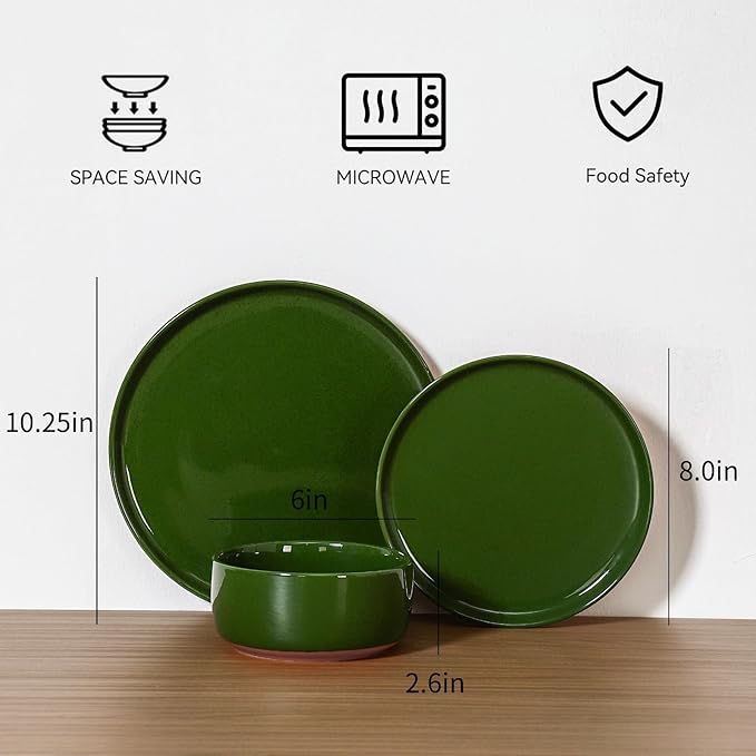 GZG Modern Art Series - 6 Pcs Speckled Stoneware Plates and Bowls Sets, Ceramic Dinnerware Set with Rustic Terracotta Underside, Microwave and Dishwasher Safe Handcrafted Dishes Set - Verdant Green