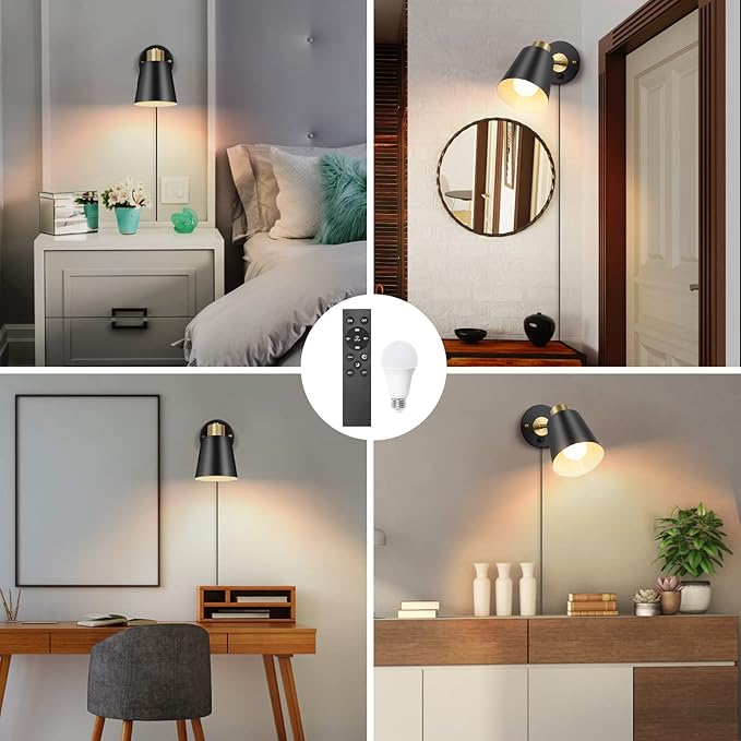 Wall Sconce Plug in, Remote Control Dimmable Wall Sconces and Adjustable Color Temperature 2700K-6000K Wall Lights with Plug in Cord, Wall Mounted Light for Bedroom Bedside(2 Pack, 2 Bulbs)