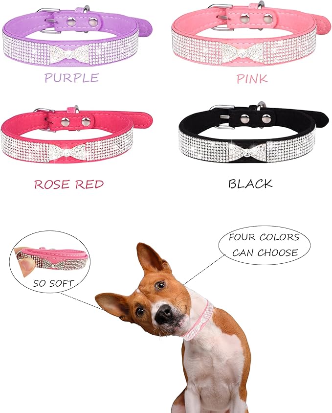 Dog Collar for Small Dogs, Adjustable Leather Suede Bling Dog Collars，Pink Dog Collar Cat Collar, Rhinestone Dog Collar (L, purple4)