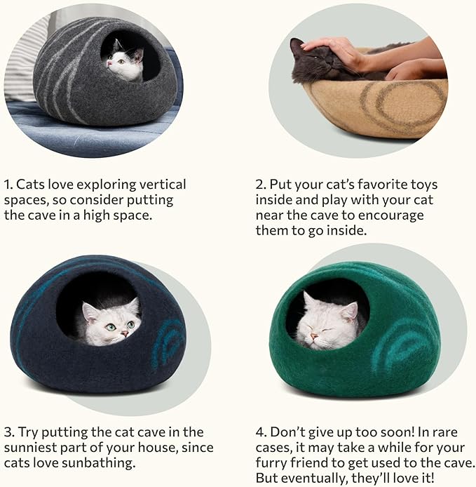 MEOWFIA Cat Cave ??Premium Felt Cat Bed for Indoor Cats, Handmade 100% Merino Wool (Large, Dark Grey)