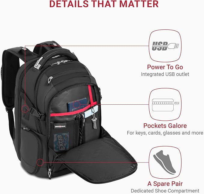 SwissGear Travel Tech Elite Laptop Backpack – Fits Laptops up to 16” – ScanSmart TSA-Friendly Backpack with USB Port, Shoe Compartment & Organizer Pockets – Heather Grey
