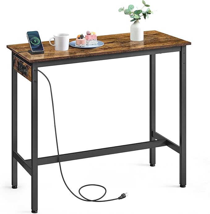 VASAGLE Bar Table, Narrow Long Kitchen Dining Table with Charging Station, Sturdy Metal Frame, Industrial, 15.7 x 39.4 x 35.4 Inches, Rustic Brown and Ink Black ULBT101K01