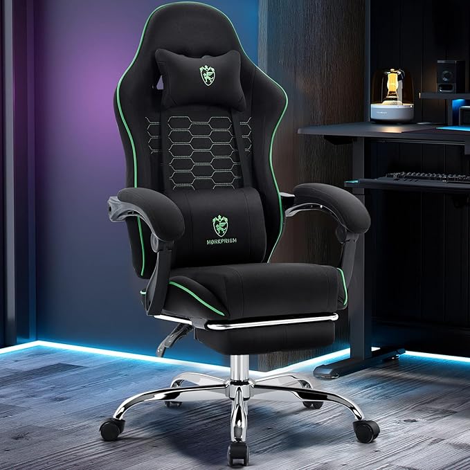 Gaming Chair Breathable Fabric,Computer Office Chair with Footrest,Massage Lumbar Support and Gel Pad,Ergonomic Reclining Adjustable Gamer Chair with Headrest and Spring Cushion Black Green