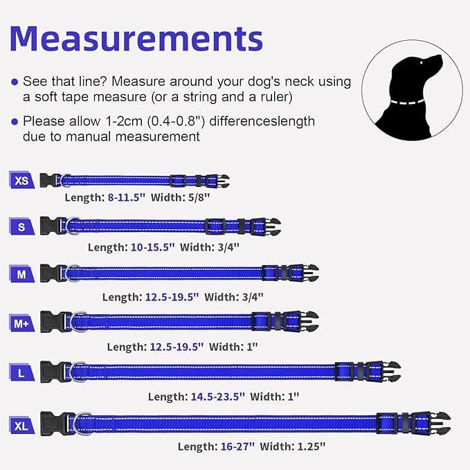 Reflective Dog Collar for Mediunm Dogs, Adjustable Collar with Soft Neoprene Padded, Durable Buckle for Daily Walking,Navy Blue,M, 1" Width