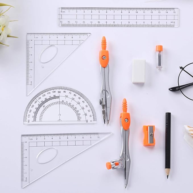 Math Geometry Kit Sets 10 Piece Student Supplies with Shatterproof Storage Box,Includes Rulers,Protractor,Compass,Eraser,Pencil Sharpener,Lead Refills,Pencil,for Drafting（Orange）