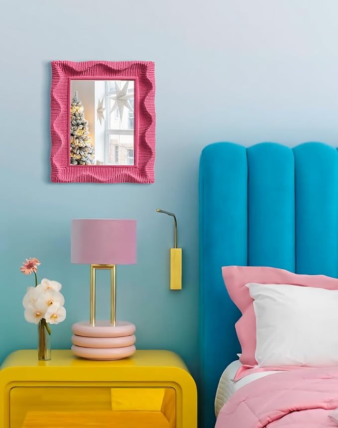 Wavy Wall Mirror, Modern Aesthetic Room Decor for Bedroom Bathroom Entryway, 7.5x5.7 Funky Irregular Frame Vanity Mirror for Girls Teens College Students Back to School Gift (Rose Pink)