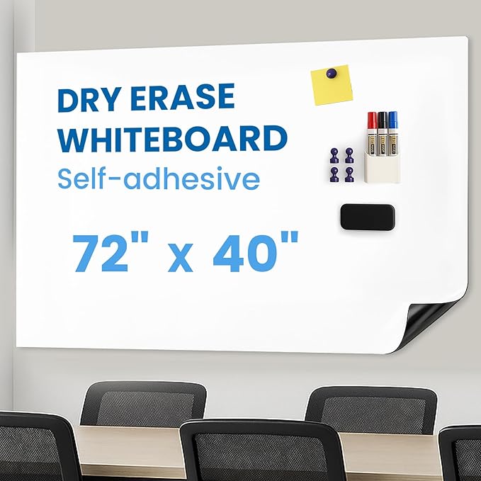 YOUNGJQ Large Magnetic Whiteboard for Wall 72" x 40", Self-Adhesive Magnetic Dry Erase White Board Sticker, Peel and Stick Sheet for Conference Room Office Home