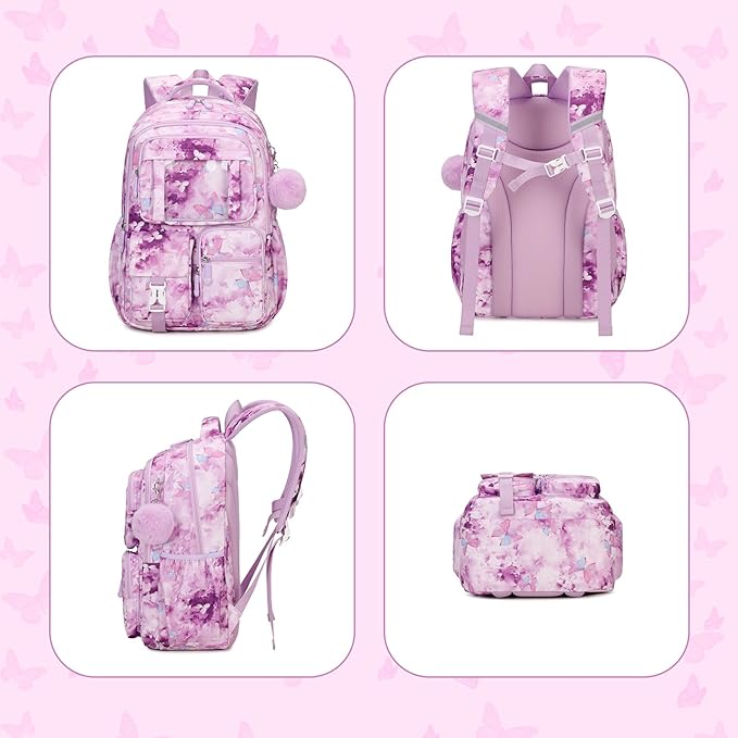 Kids Backpack for Girls School Bags for Middle School Students Book Bag for Elementary Primary Kawaii Ita Backpack, Purple Butterfly