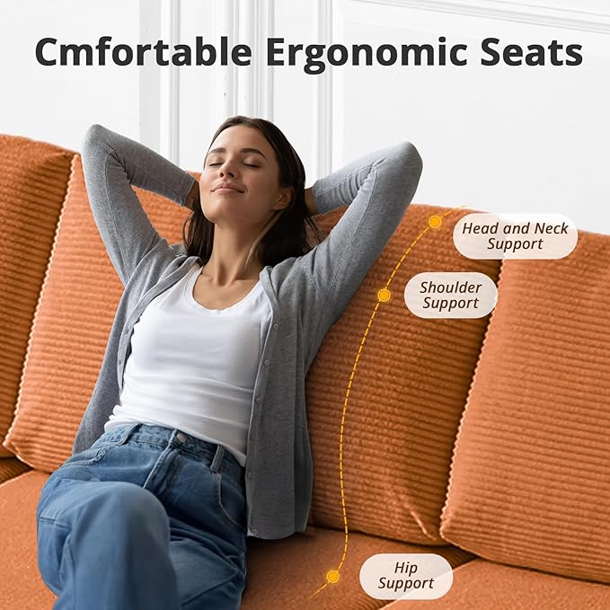 108" L-Shaped Boneless Couch, High Seat Modular Sectional Sofa with Moveable Ottoman, Corduroy Cloud Couches for Living Room, No Assembly, Ship in a Box, Orange
