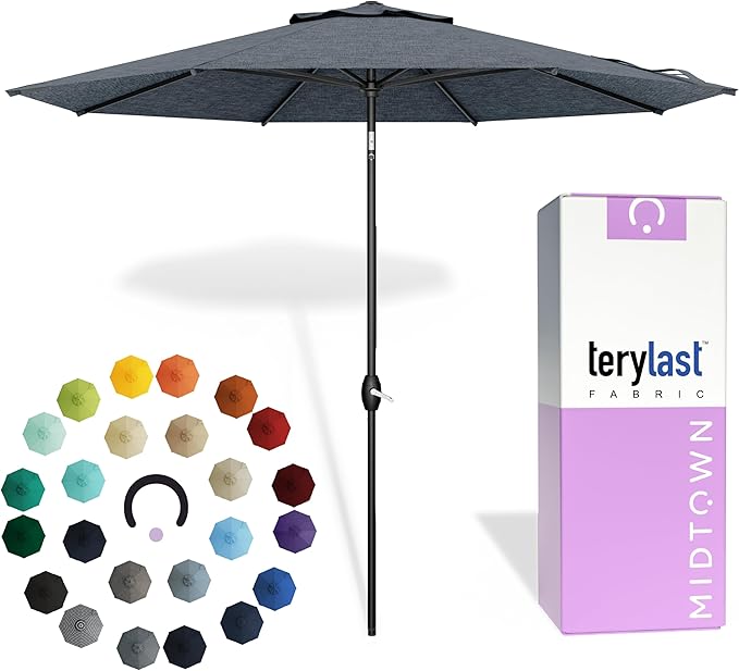 Midtown Umbrellas - 10-Year-No-Fade 10 Ft Patio Umbrella with Terylast Fabric, Auto-Tilt Aluminum Frame and 8 Reinforced Ribs for Deck, Pool, Garden & Beach - Heather Grey Canopy, Black Pole