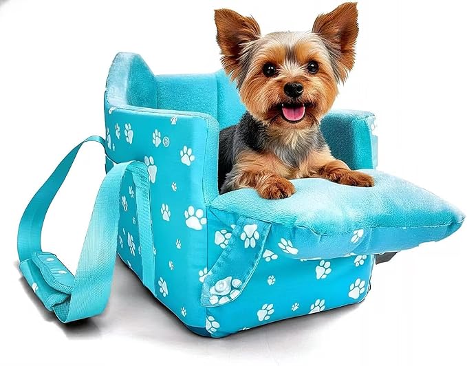 Cullaby Center Console Dog Car Seat for Small Dogs Under 15lbs,Detachable Washable Booster Pet Car Seat Travel Bed with Storage Pockets and Seat Belt(Blue)