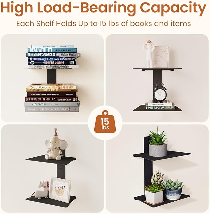 Invisible Bookshelf for Wall, 8 Tier Floating Bookshelf Made of Heavy Duty Metal, Vertical Spine Book Tower Hanging Wall Bookshelf, Floating Book Shelves for Wall, 4 Pack Black