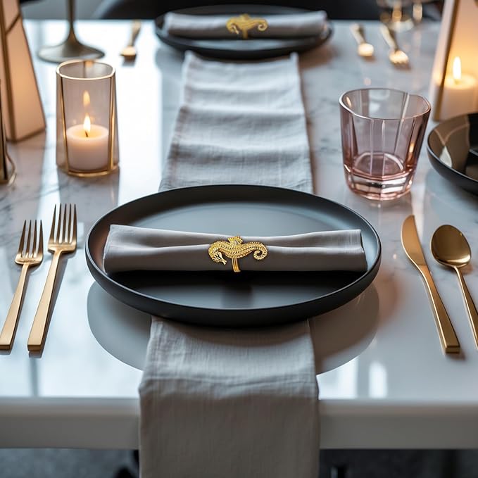 Decozen Set of 16 Gold Napkin Rings in Sea Horse Design, Festive, Table Decor Setting for Holiday, Wedding, Birthday, Kitchen, Home Decor, Housewarming Gift - Mothers Day Decorations