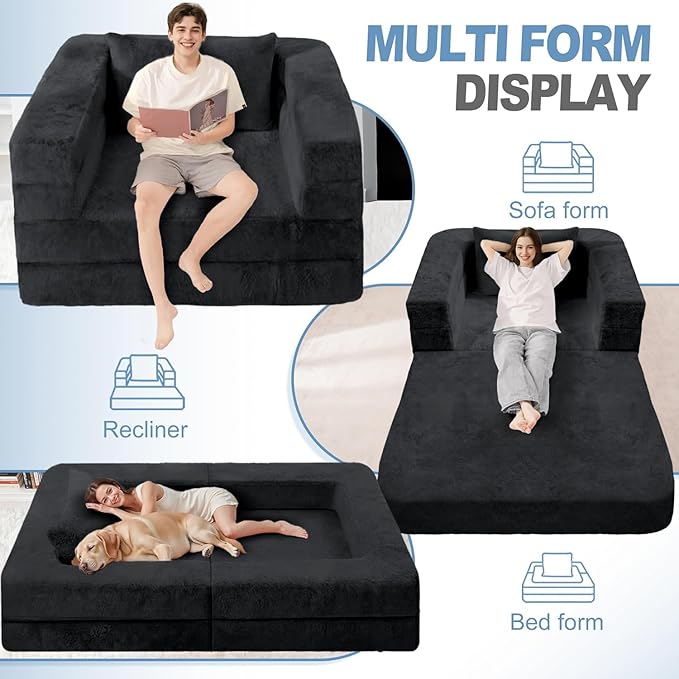 Futon Sofa Bed with Pillow, 3-in-1 Sleeper Sofa Bed with Removable Cover, Convertible Floor Sofa Bed, No Assembly Boneless Couch for Living Room, Bedroom