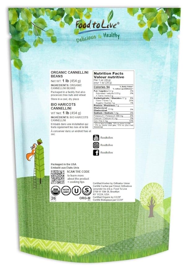 Food to Live Organic Cannellini Beans, 1 Pound ??Non-GMO, Dried White Kidney Beans, Sproutable, Vegan, Kosher, Bulk. Pre-Soak Needed. Rich in Fiber, Protein. Great for Minestrone Soup, Bean Salad.