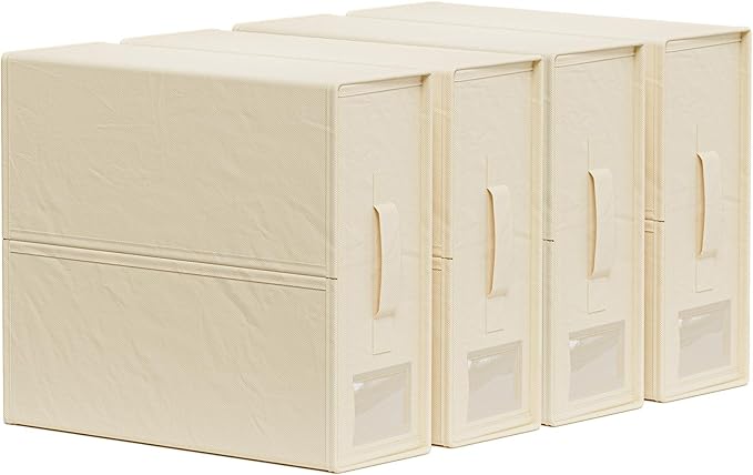 SheetCube Bed Sheet Organizers and Storage 4 Pack, Foldable Linen Closet Organizer with Window and Label, Bedding Folder Storage Box Container for Blanket, Duvet Cover Set, Bed Sheet Set - Beige