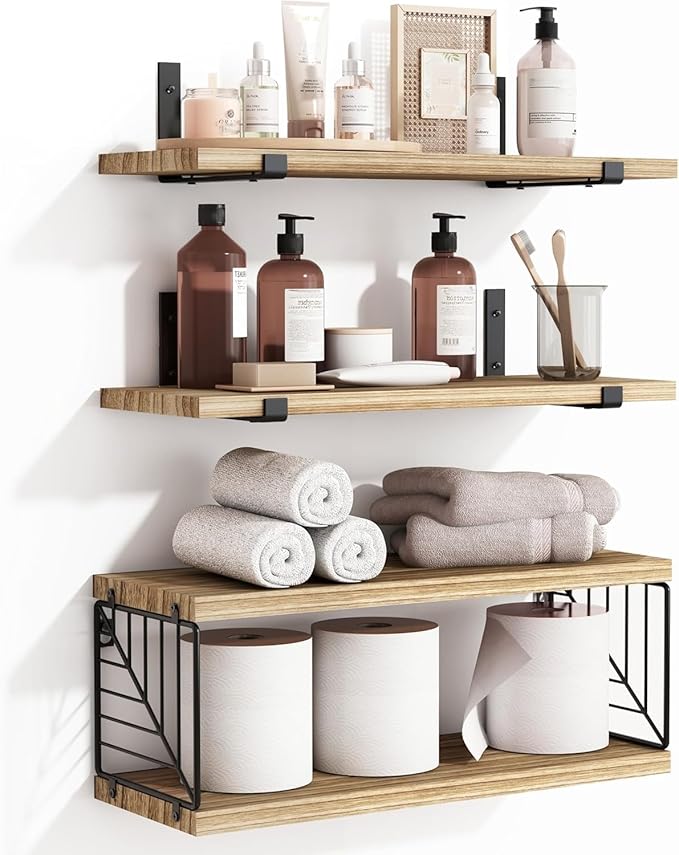 Fixwal 3+1 Tier Bathroom Floating Shelves Over Toilet, 15.8in Farmhouse Rustic Wood Shelves, Wall Decor for Bathroom, Living Room,Bedroom and Kitchen (Rustic Brown)