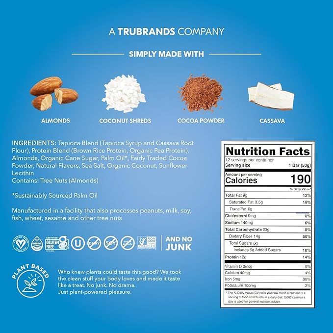 TRUBAR Vegan Protein Bar, Cocoa For Coconuts, Gluten Free, Plant Based Protein, Dairy Free, Non GMO, Soy Free, No Sugar Alcohols, 12G Protein, 12G Fiber, 23G Carb, On the Go Snack Bars, 12ct