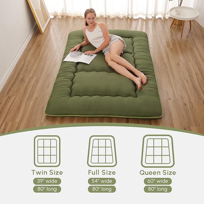 Japanese Floor Mattress, Futon Mattress with Portable Storage Bag and Washable Cover, Roll Up Thick Tatami Mat Suitable for Camping, Guest Room, Green, Queen
