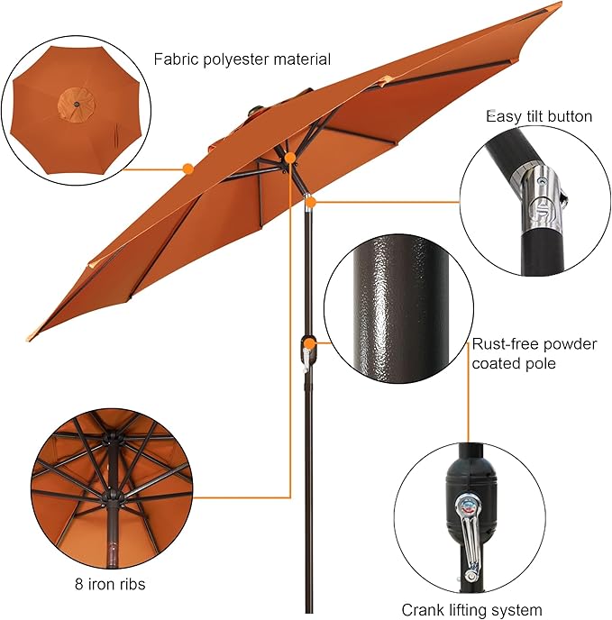 Blissun 9' Outdoor Patio Umbrella, Outdoor Table Umbrella, Yard Umbrella, Market Umbrella with 8 Sturdy Ribs, Push Button Tilt and Crank